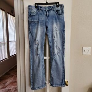 Cowgirl Tuff RNR Distressed Light Wash Jeans 33x35 Turquoise Stitching Western